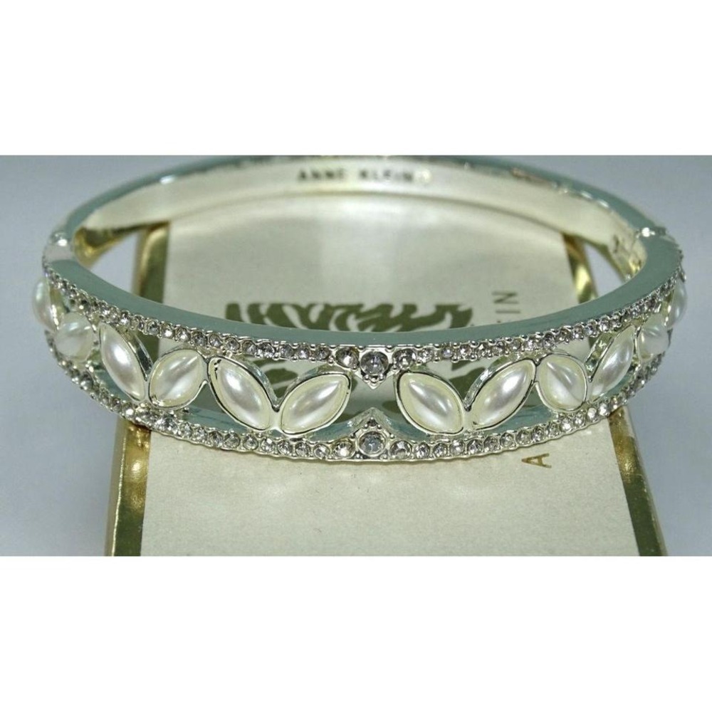Anne Klein Silver-Tone Bangle Bracelet With Pearl & Crystal Accents